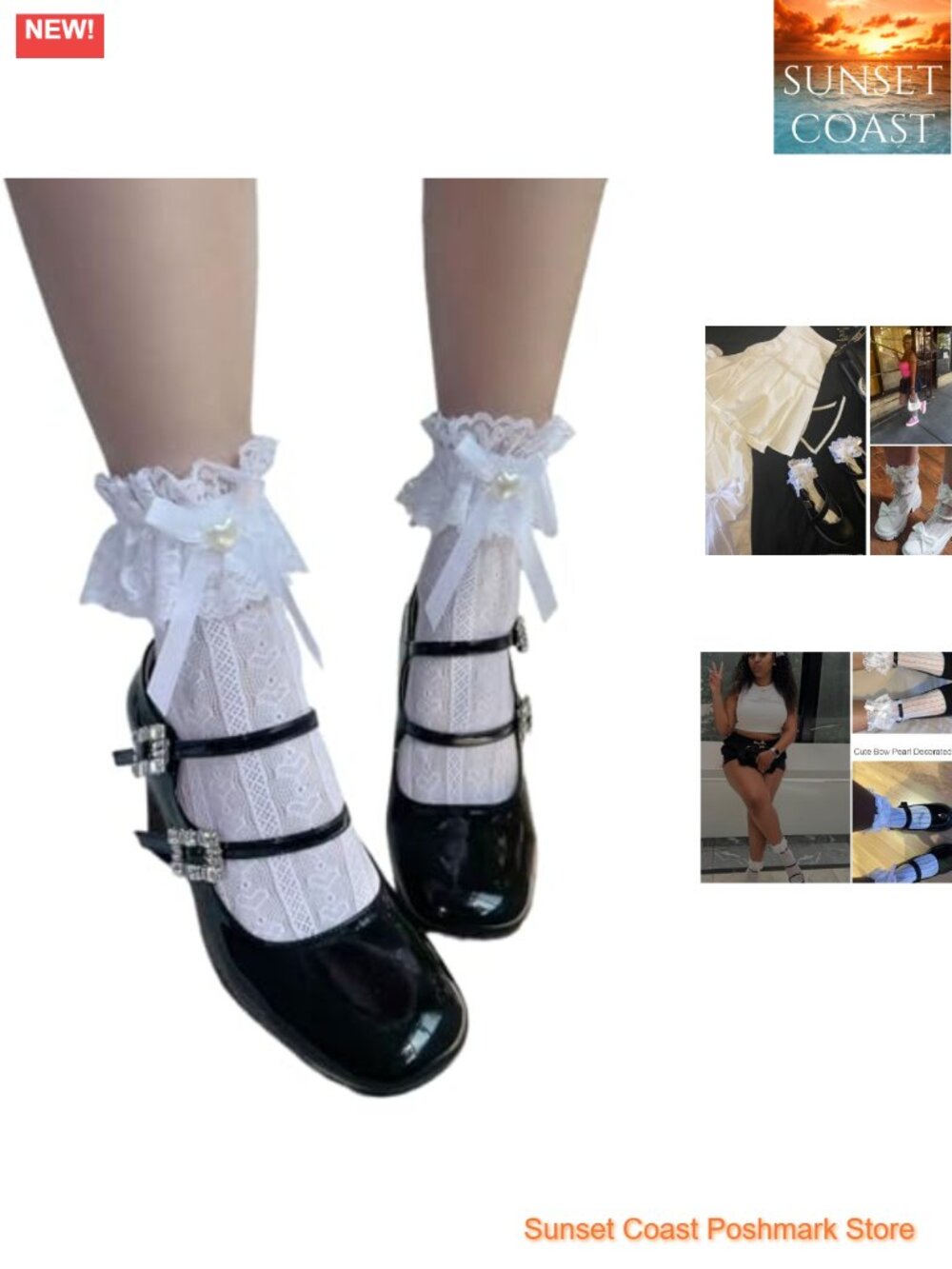 Lace Ruffle Ankle Socks with Pearl Bow Lolita Frilly